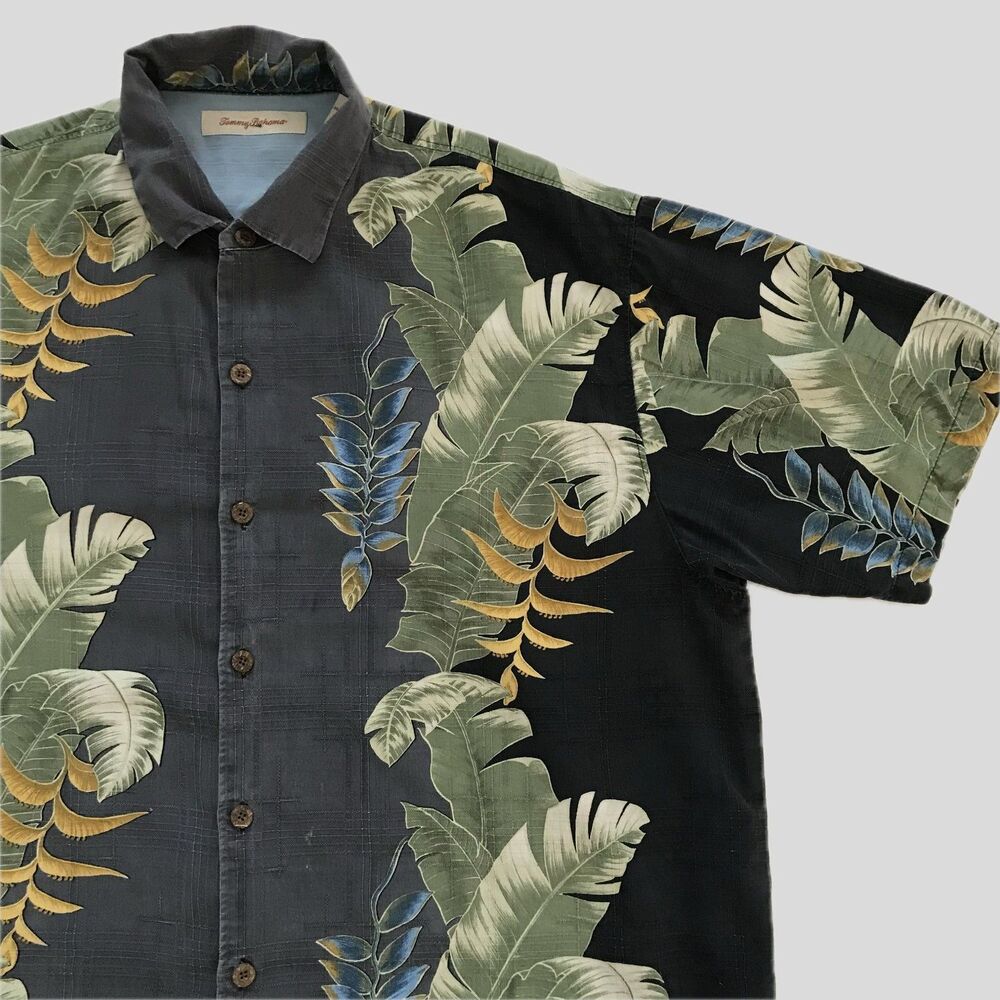 Tommy Bahama Black Green Silk Short Sleeve Hawaiian Vacation Shirt Mens XL